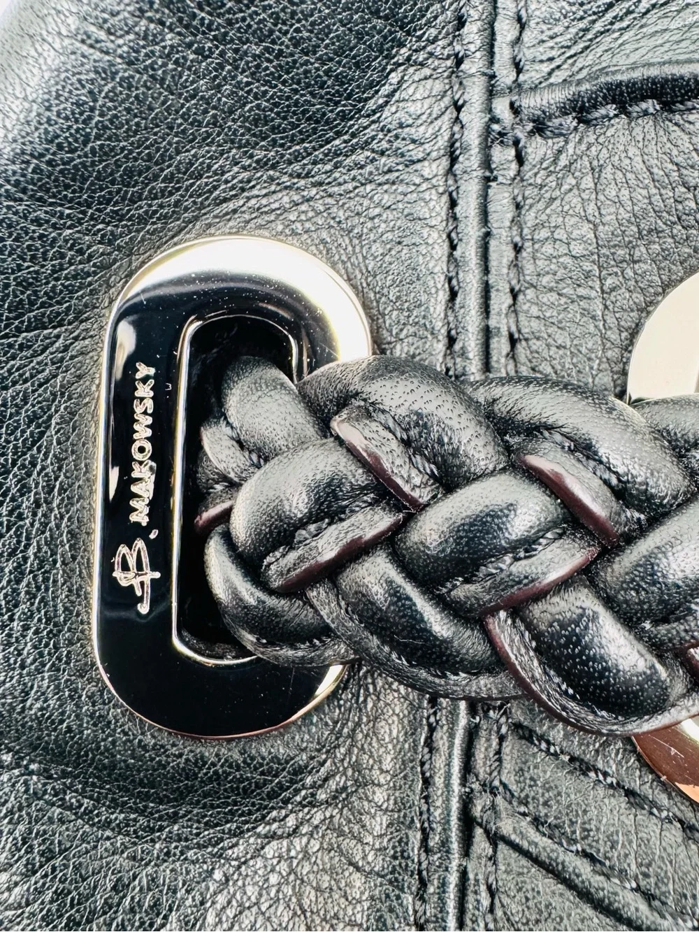 B. Makowsky Black Leather Hobo Bag with silver hardware. Soft, supple leather.